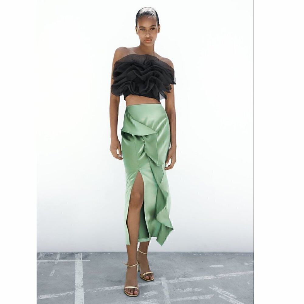 Zara NWT Mint Green Satin Ruffle Front Slit High Waist Midi Skirt M - Picture 13 of 16